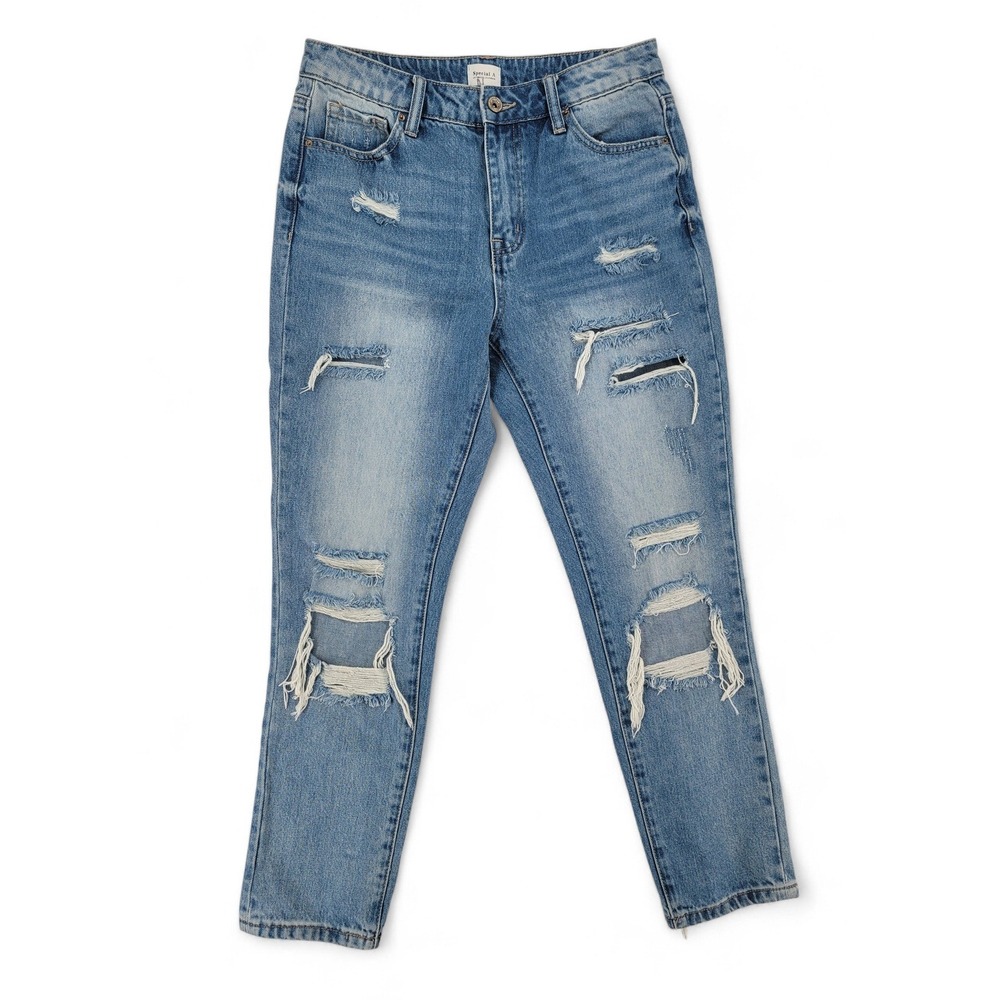 Special A Womens 3 Straight Leg Jeans Cotton Blue Distressed Raw Hem